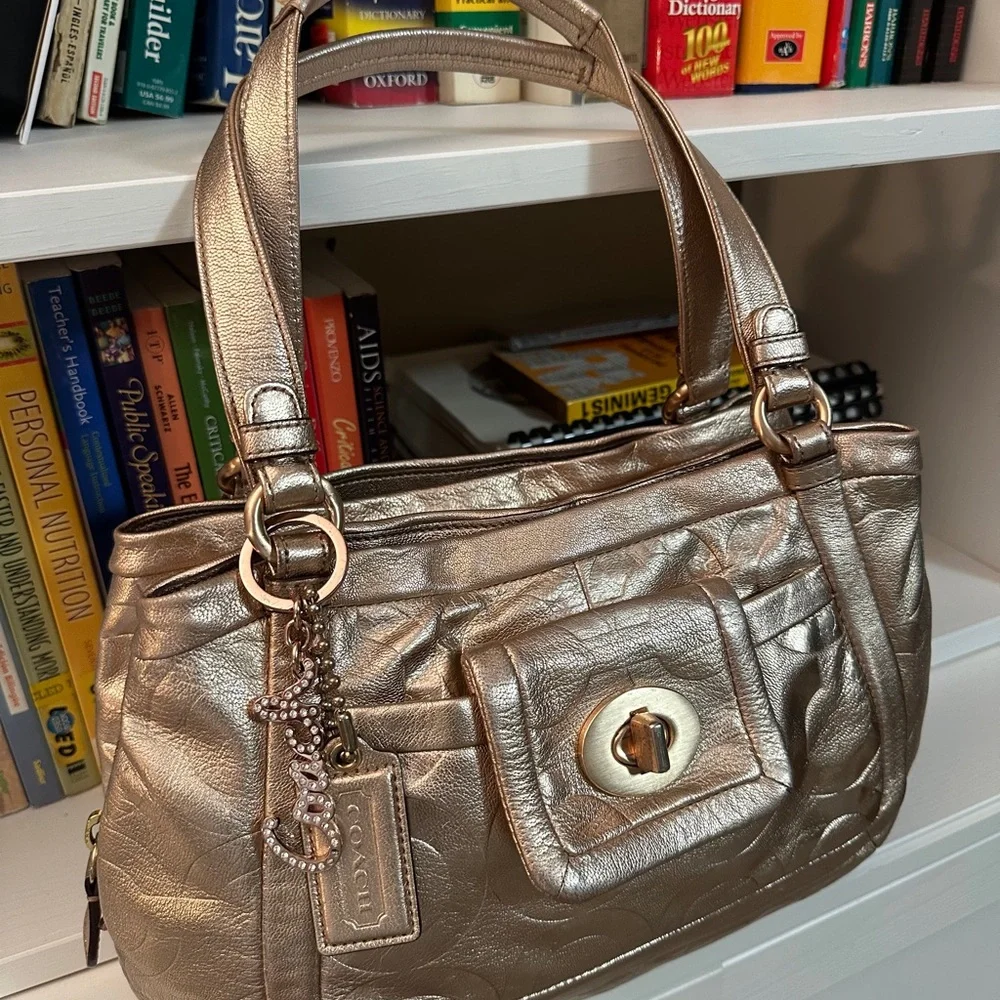 Coach Metallic Rose Gold Signature Leather Shoulder Tote